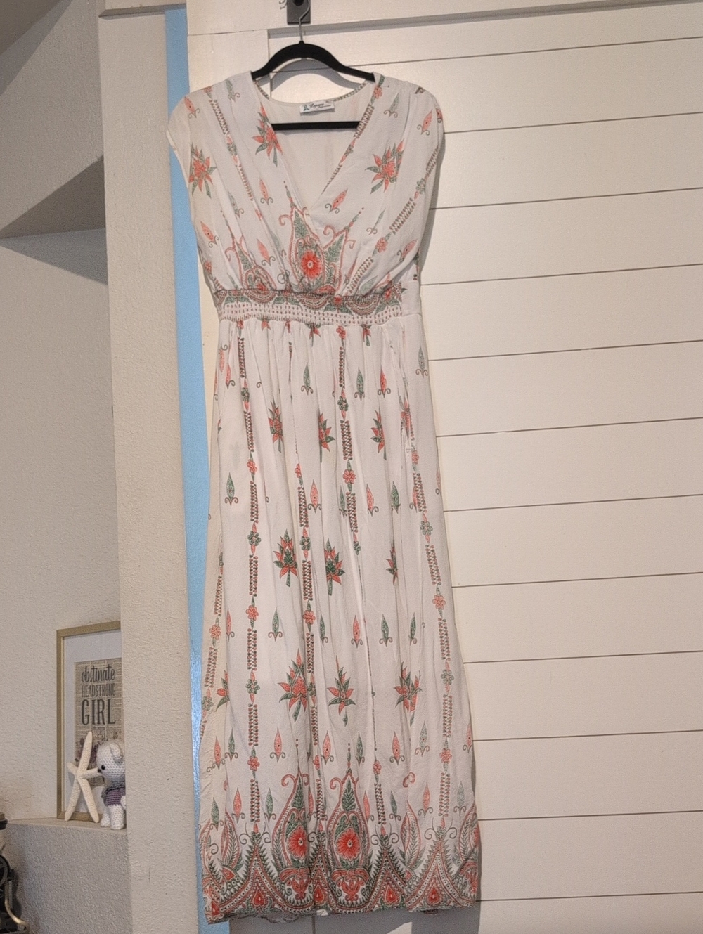 White Boho Maxi Dress with Coral Floral Print